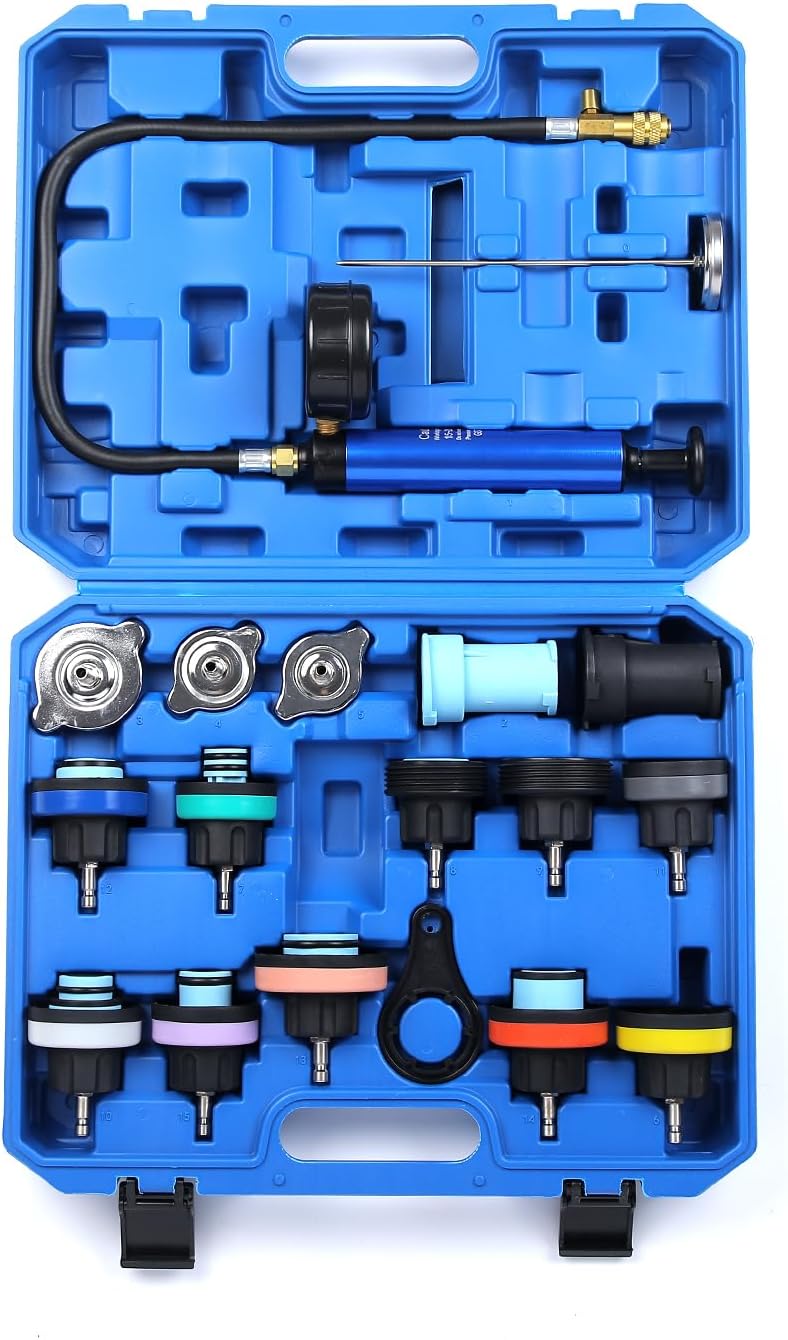 Gnhydxfe 18pcs Universal Radiator Pressure Tester Kit, Coolant Vacuum Refill kit，Coolant Pressure Tester Kit with Manual Pump and Color-Coded Test Caps (Blue) - Image 1